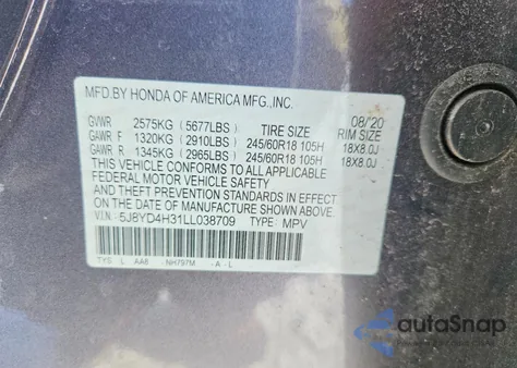 2020 Acura Mdx z USA, uszkodzony, nr VIN 5J8YD4H31LL038709